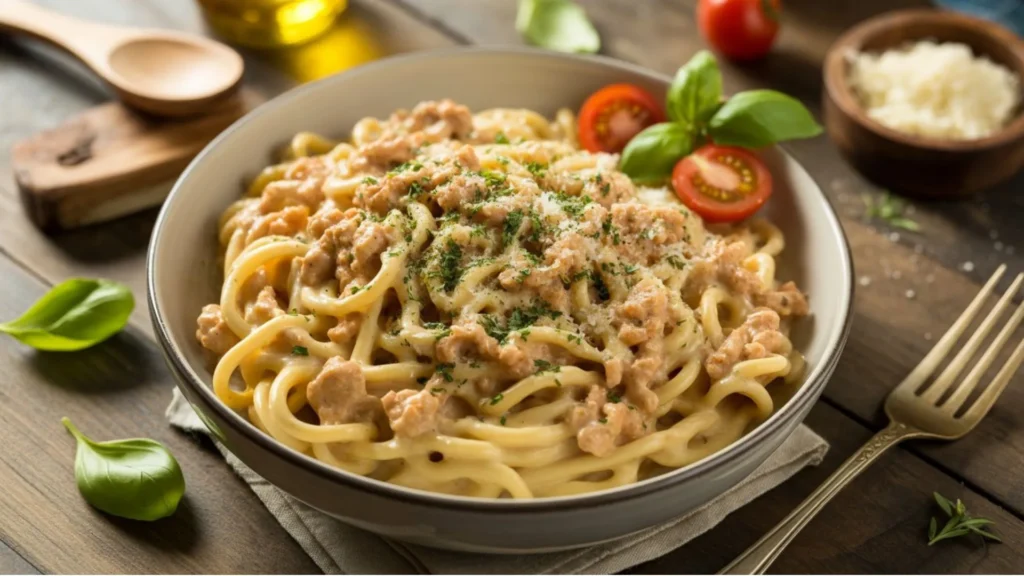 Creamy ground chicken pasta recipe with tender pasta in rich white sauce served in white bowl