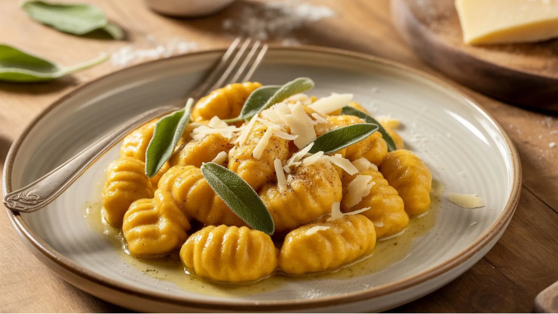 Creamy pumpkin gnocchi pasta in a bowl topped with herbs