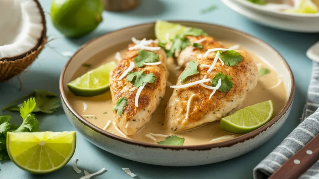 Easy Coconut Lime Chicken recipe plated with rice and garnished with herbs