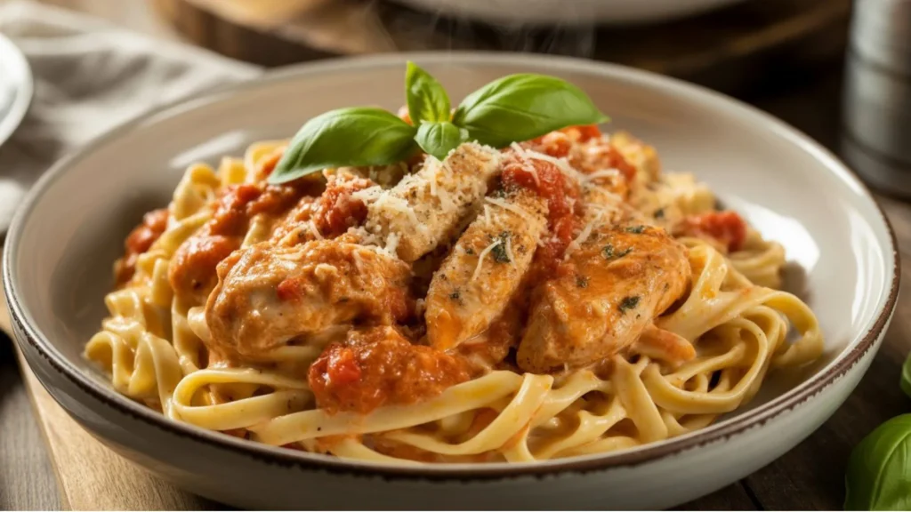 Easy Marry Me Chicken Pasta Recipe topped with fresh basil and red pepper flakes.