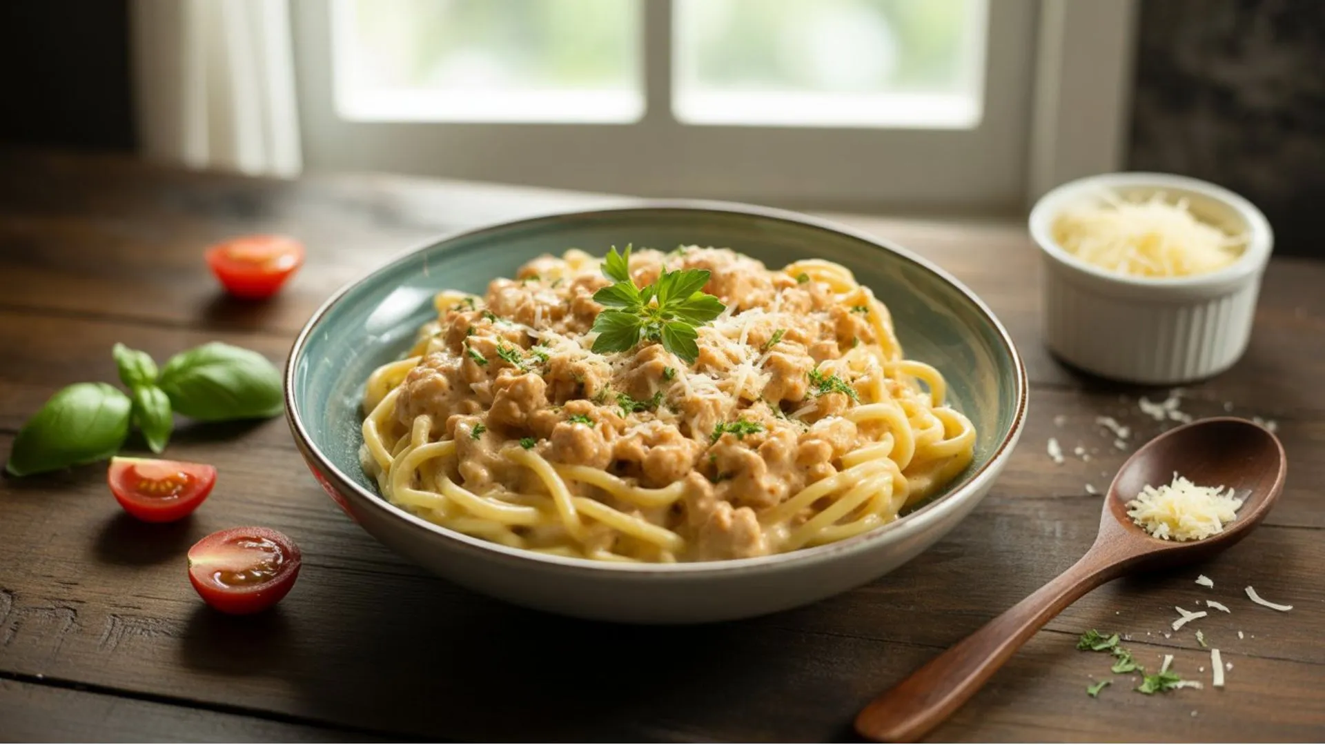 Easy creamy ground chicken pasta recipe - quick weeknight dinner ready in 30 minutes