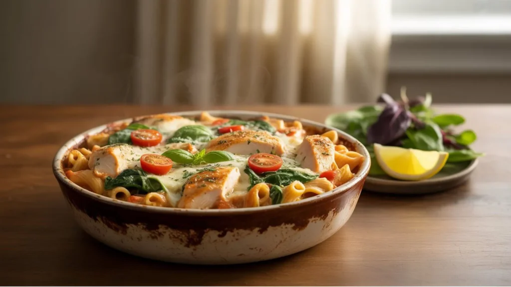 Easy healthy chicken pasta bake with whole wheat pasta, chicken, and low-fat cheese