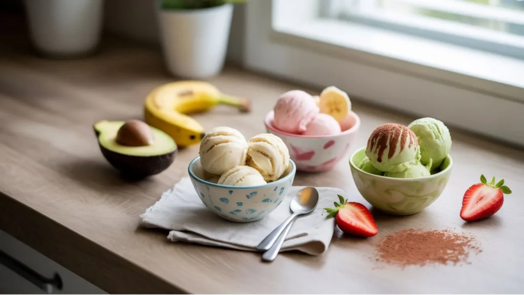 Easy healthy homemade ice cream for toddlers made with bananas, strawberries, and mango