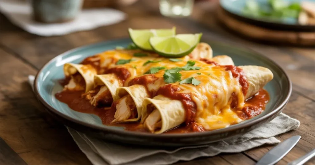 Family-style rotisserie chicken enchiladas in a casserole dish with golden bubbly cheese