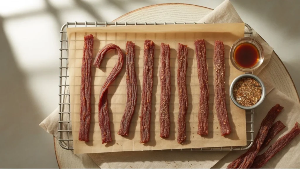 Easy tender ground beef jerky recipe soft chew prepared in 5 steps, ready to enjoy as a protein snack.