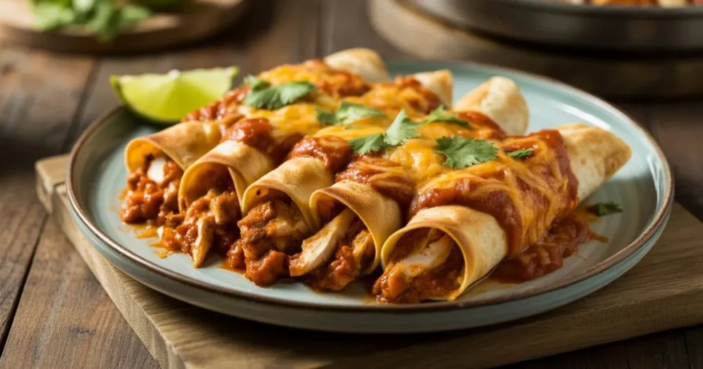 Easy homemade rotisserie chicken enchilada recipe served with red sauce and lime wedges
