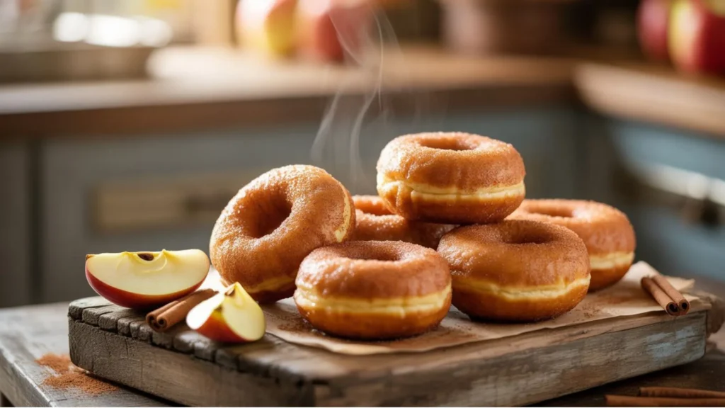 Freshly baked Apple Cider Donuts coated in cinnamon sugar, perfect cozy fall treat for autumn mornings.