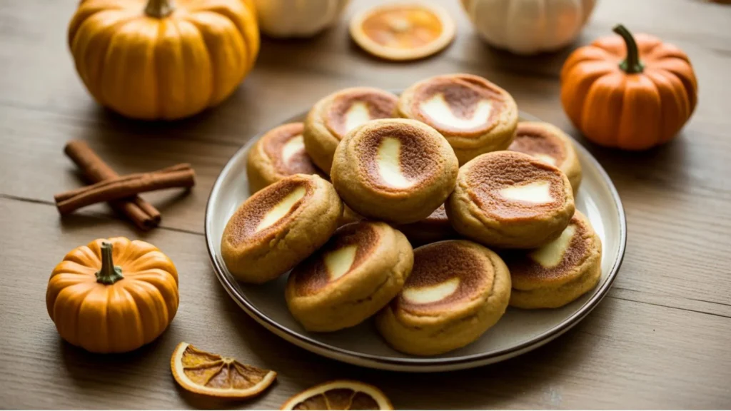 Freshly baked Pumpkin Cheesecake Cookies with creamy swirls and golden edges on a rustic wooden table.