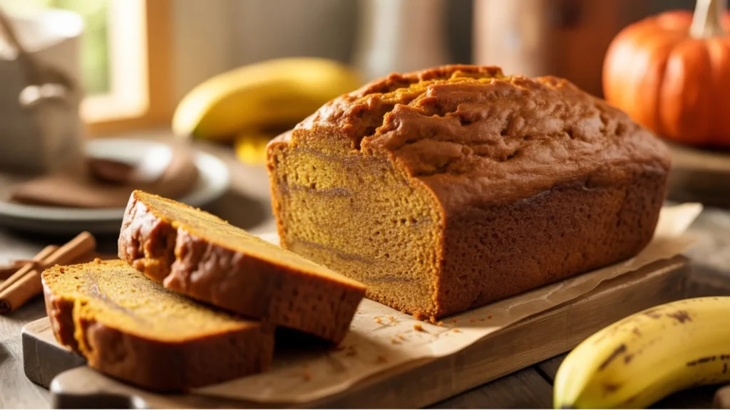 Freshly baked pumpkin banana bread loaf sliced on a wooden board with a soft, moist crumb.