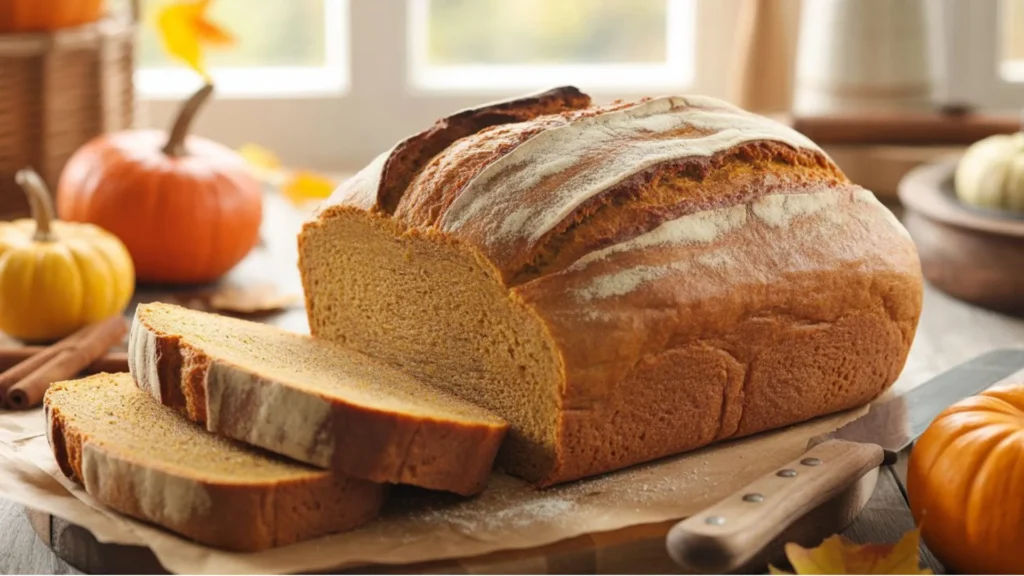 Freshly baked pumpkin sourdough bread loaf with a golden crust on a wooden board.