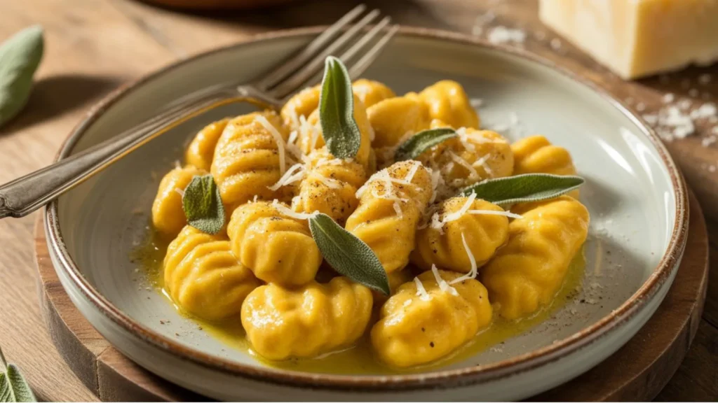 Freshly cooked pumpkin gnocchi on a rustic fall dinner table