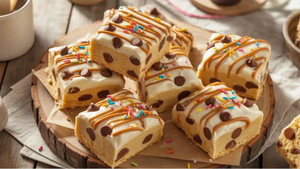 Freshly sliced cookie dough bars topped with chocolate chips on a wooden board.