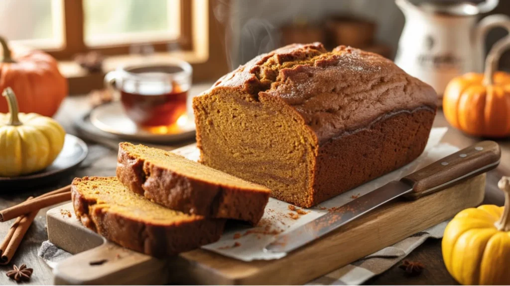 Freshly sliced easy moist pumpkin bread, glossy, tender interior with cinnamon and cloves in a cozy fall setting.