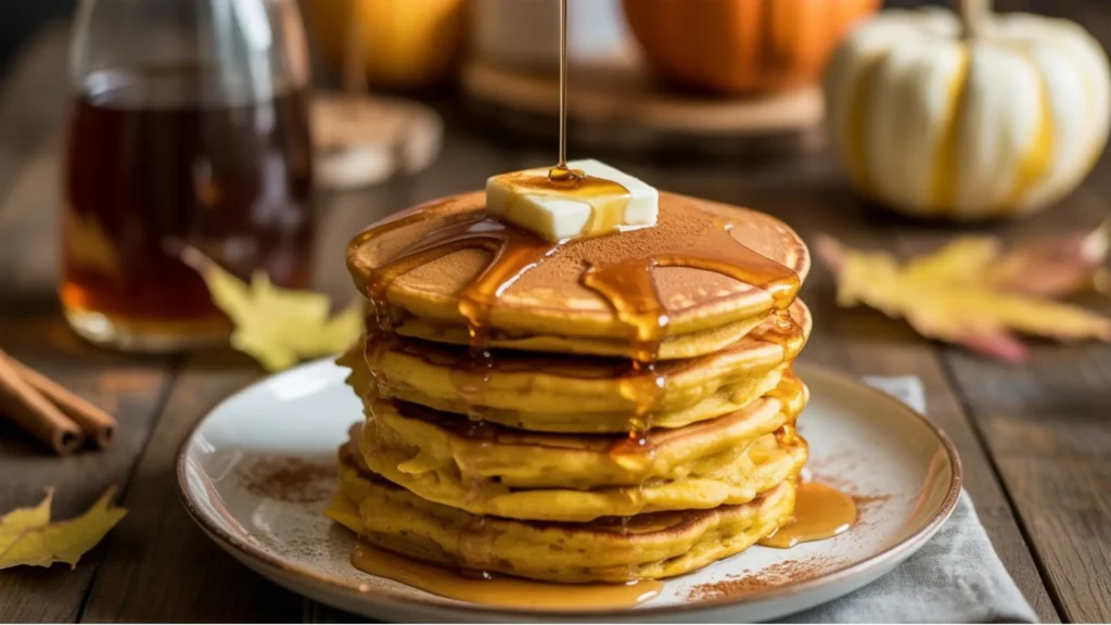 Golden brown fluffy pumpkin pancakes on a rustic plate, soft and airy pumpkin spice breakfast.