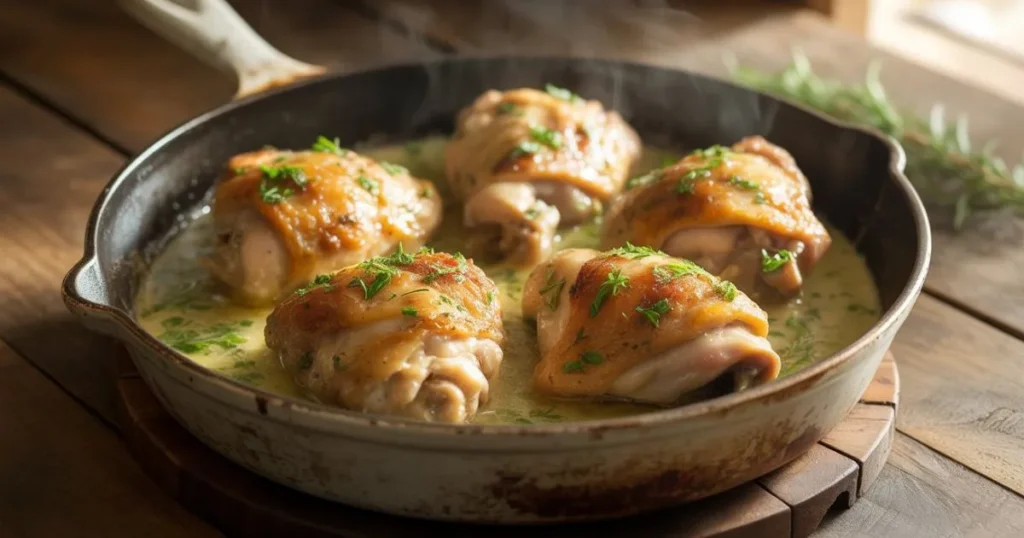 Golden brown oven baked chicken thighs in creamy garlic Parmesan sauce