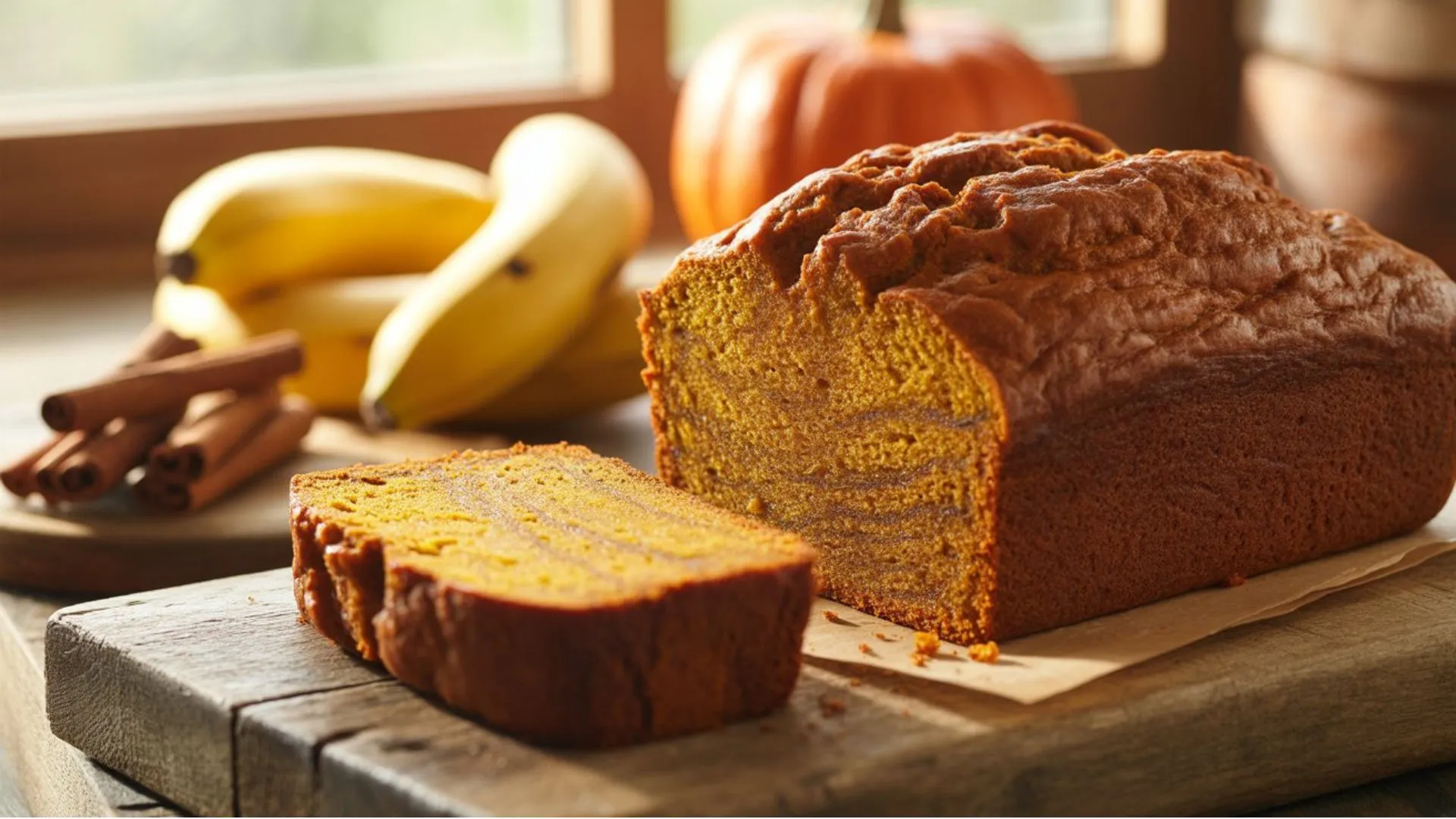 Golden brown pumpkin banana bread slices served as a healthy autumn dessert or breakfast.
