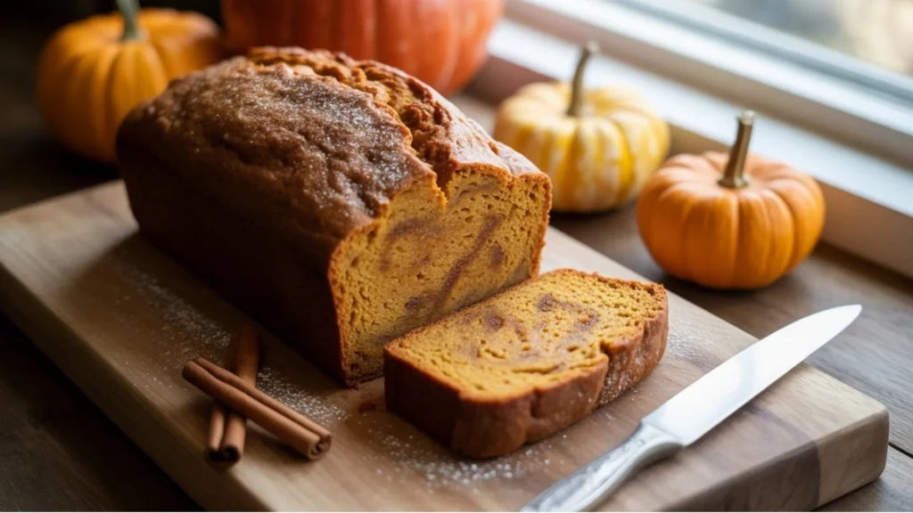 Golden easy moist pumpkin bread with a cracked top and ultra-soft, bakery-style crumb beside mini pumpkins.