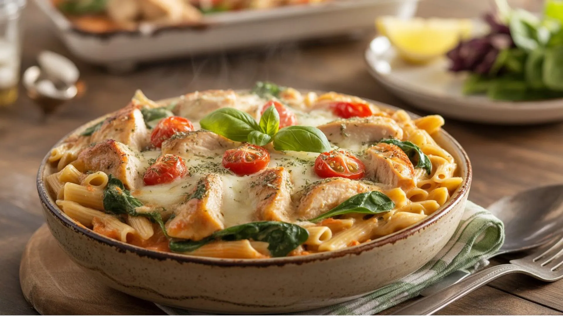 Healthy chicken pasta bake with spinach, tomatoes, and melted cheese in a baking dish