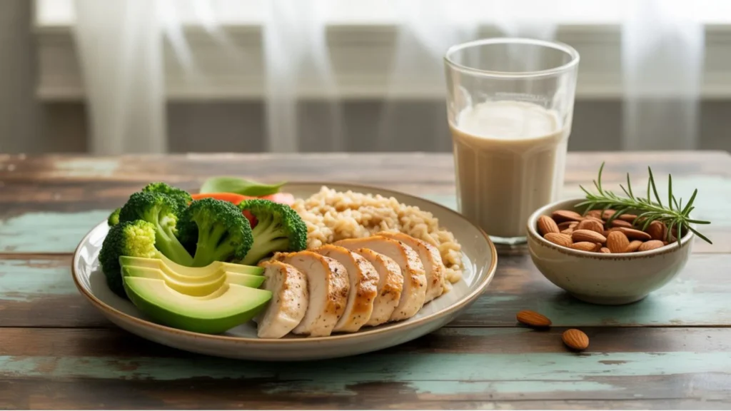 Healthy high-calorie meals including salmon rice bowl, protein smoothie, and lean beef pasta designed for clean bulking meal plan for skinny guys