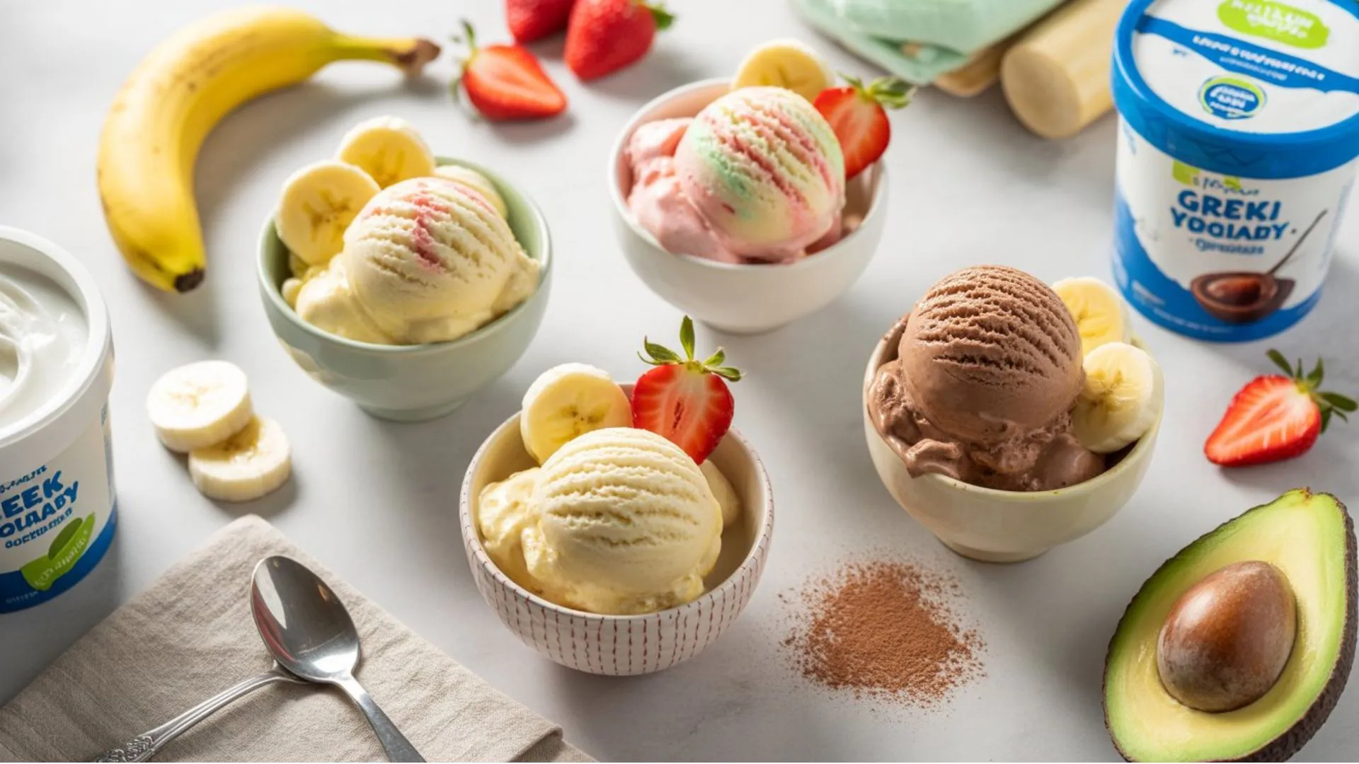 Healthy homemade ice cream for toddlers in three fruity flavors served in small bowls