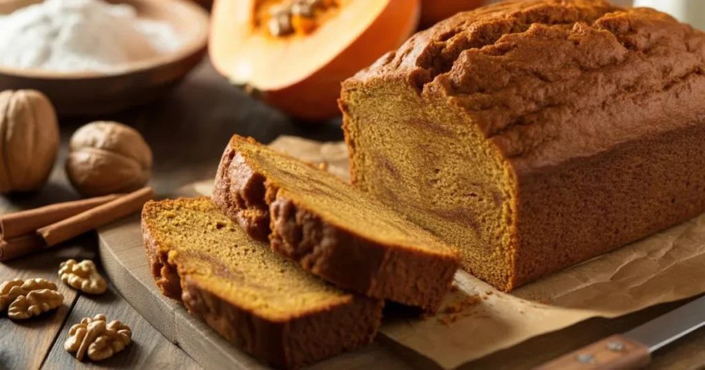 Healthy pumpkin bread recipe loaf sliced on a wooden board, moist crumb with cinnamon and pumpkin seeds on top.