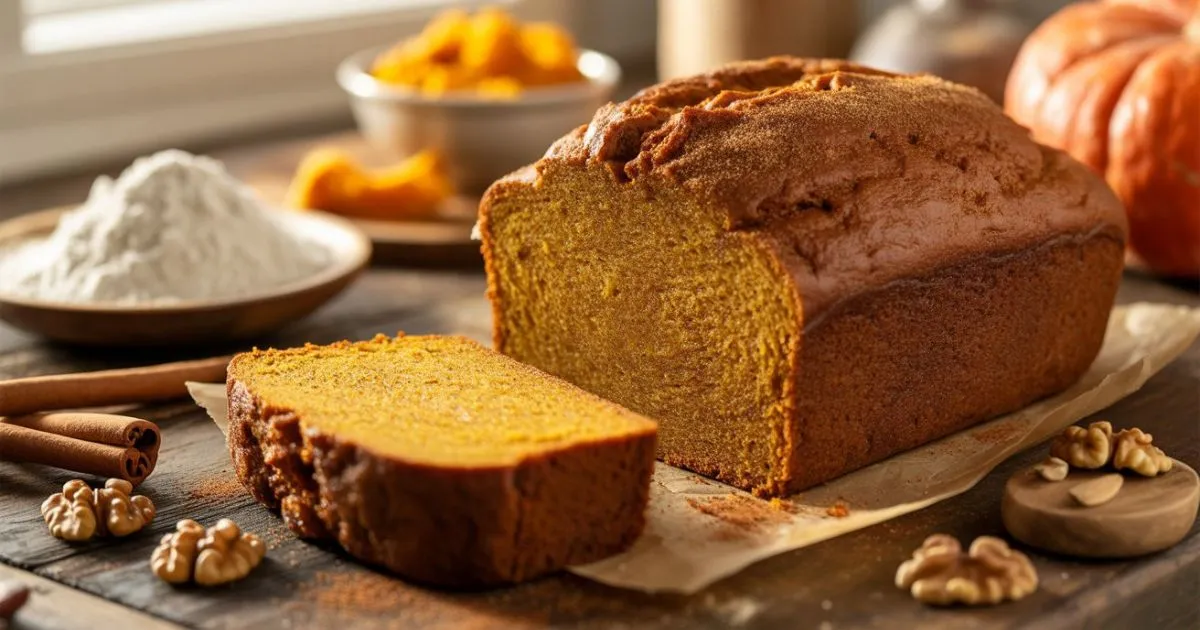 Healthy pumpkin bread recipe slice served with butter, showing tender texture and cozy autumn styling.