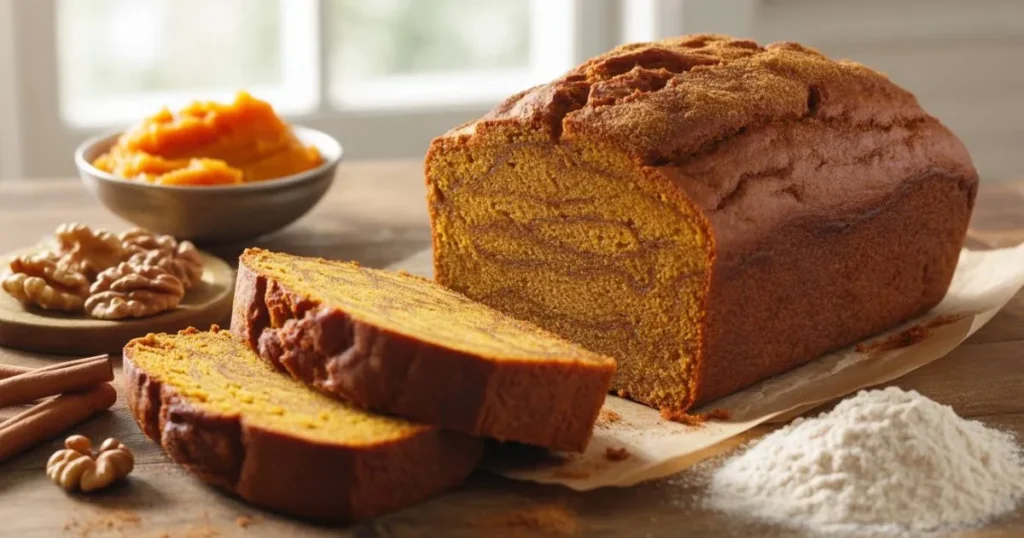 Healthy pumpkin bread recipe with whole wheat, golden-brown crust, and warm fall spices beside cinnamon sticks.