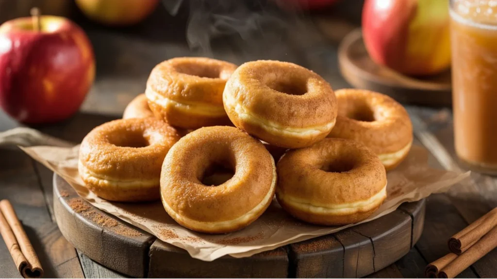 Homemade Apple Cider Donuts on a rustic board, warm and inviting, ideal for seasonal baking.