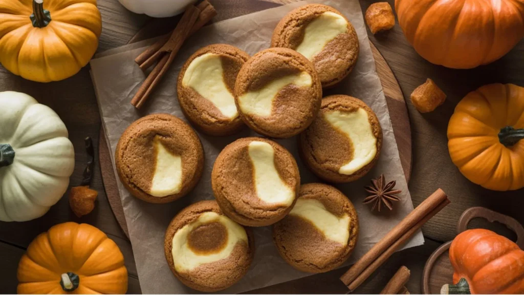 Homemade Pumpkin Cheesecake Cookies stacked on a plate with mini pumpkins and autumn spices in the background.