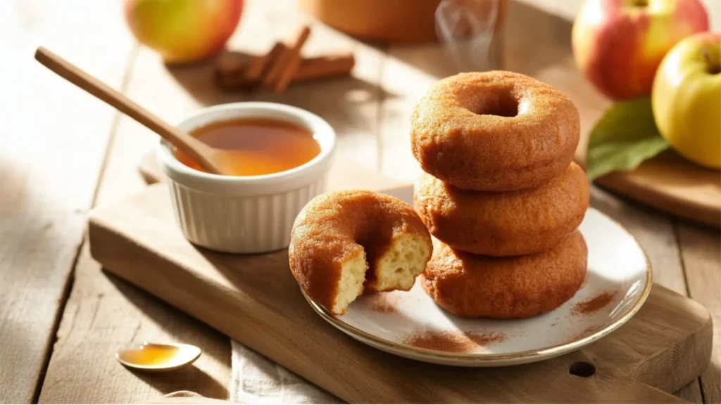 Homemade apple cider donuts near me stacked on a rustic wooden table.