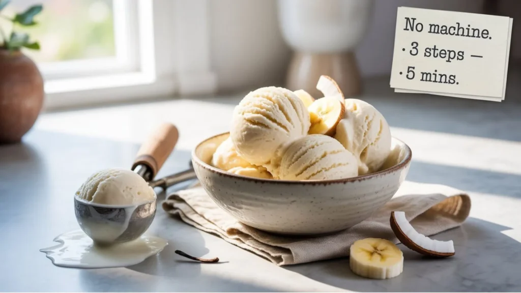 Homemade banana and yogurt ice cream showing How To Make Healthy Ice Cream Without A Machine in 3 steps.