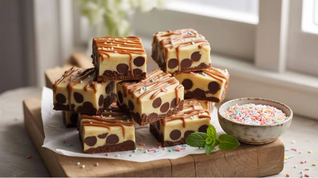 Homemade cookie dough bars stacked in layers showing chewy texture and rich flavor.