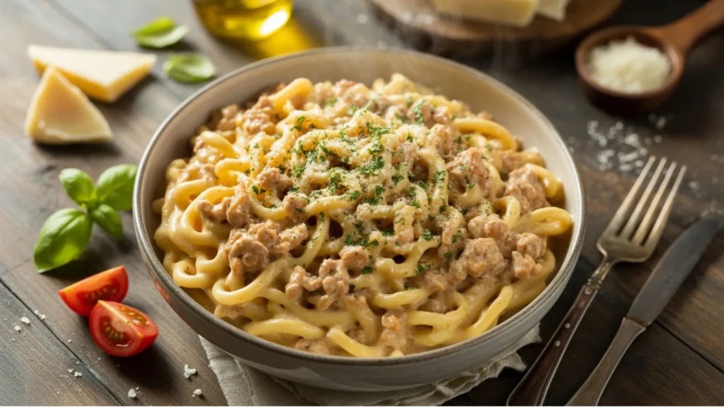 Homemade creamy ground chicken pasta with herbs and parmesan cheese in ceramic serving bowl