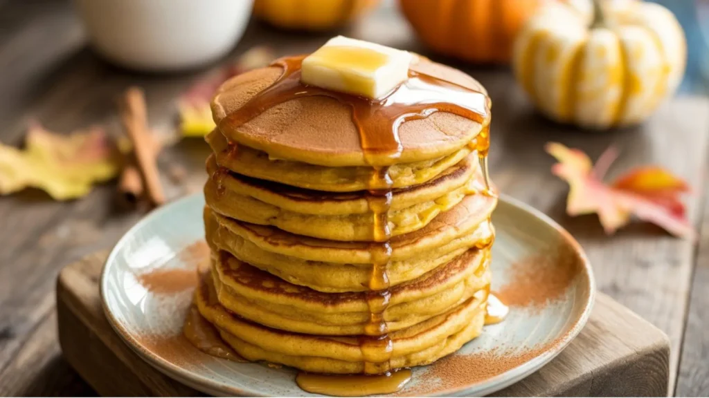 Homemade fluffy pumpkin pancakes topped with cinnamon and syrup, delicious autumn brunch idea.