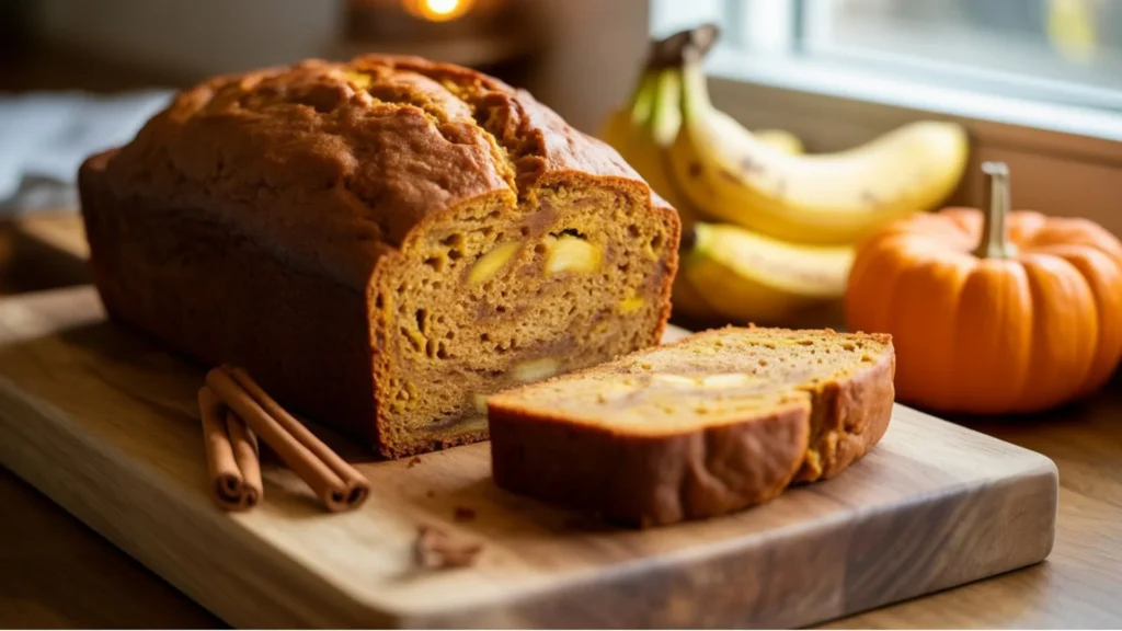 Homemade pumpkin banana bread with bananas and pumpkin puree, styled for a cozy fall recipe.