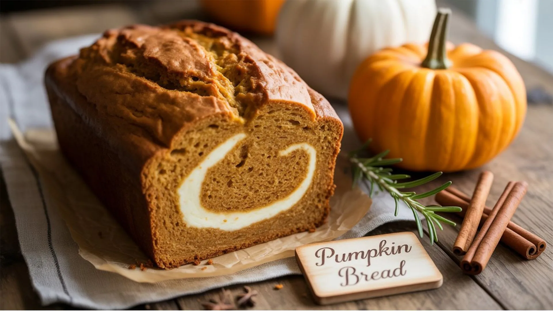 Homemade pumpkin bread with rich cream cheese swirl on a rustic table