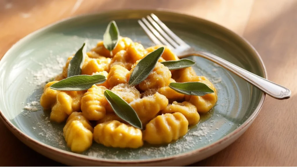 Homemade pumpkin gnocchi served with sage butter and Parmesan cheese