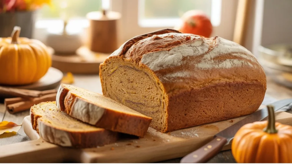 Homemade pumpkin sourdough bread slices showing soft crumb and rustic crust.