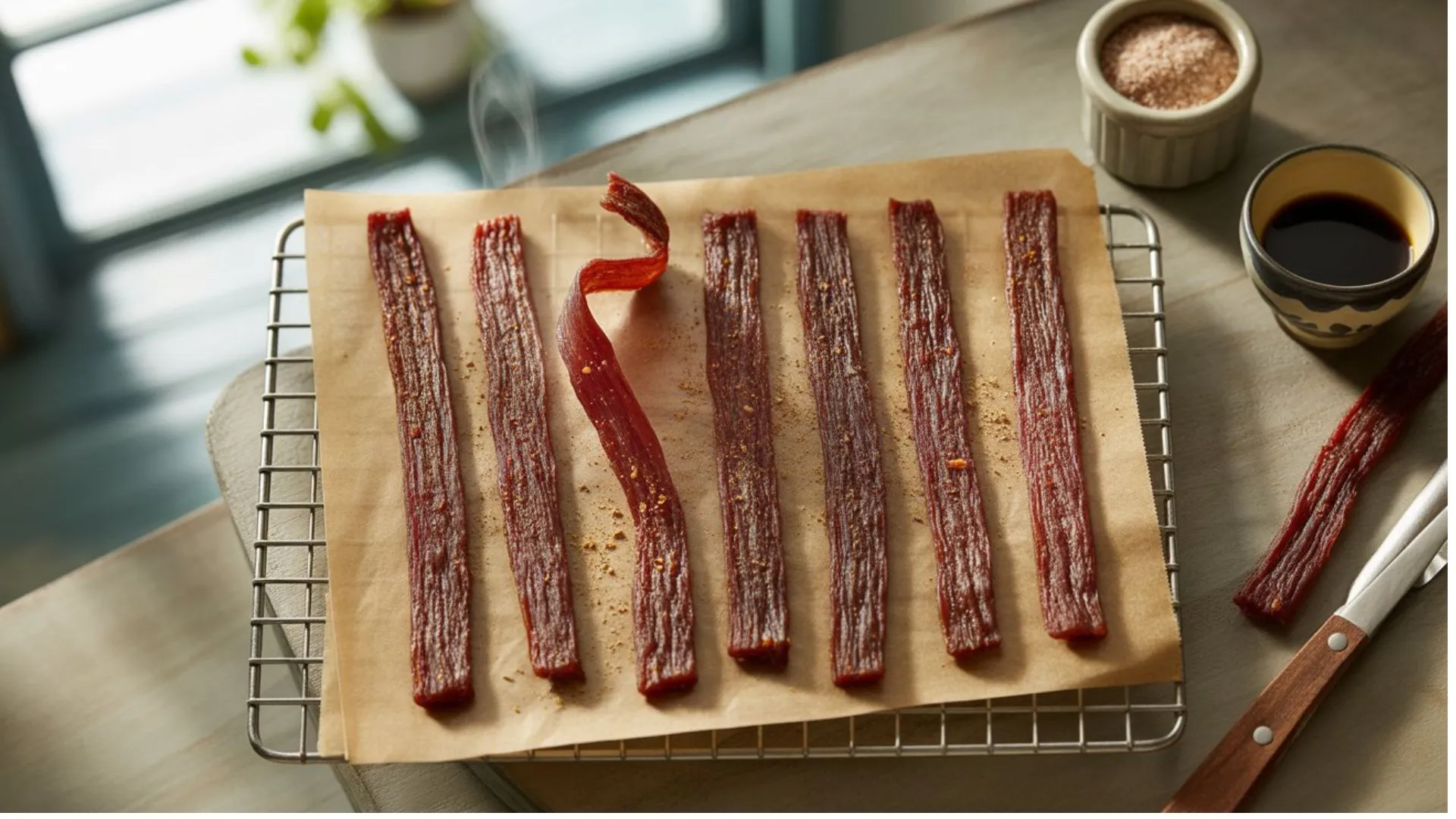 Homemade tender ground beef jerky recipe soft chew laid out on a wooden board with spices.