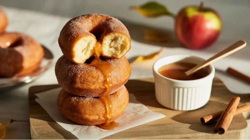 Hot apple cider donuts near me with fall leaves and cozy autumn vibes.