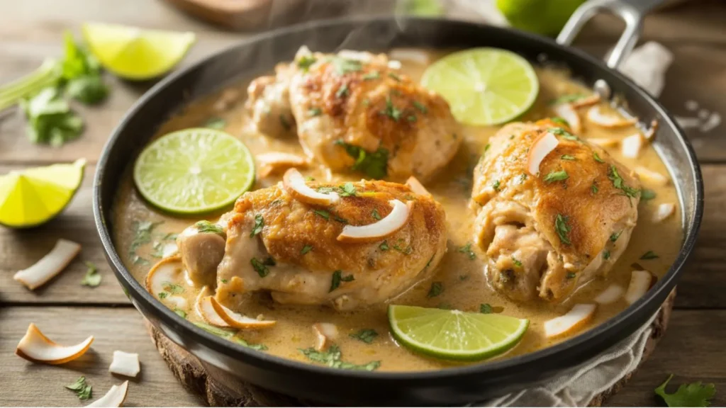 Juicy chicken breasts cooked in coconut lime sauce in a single pan