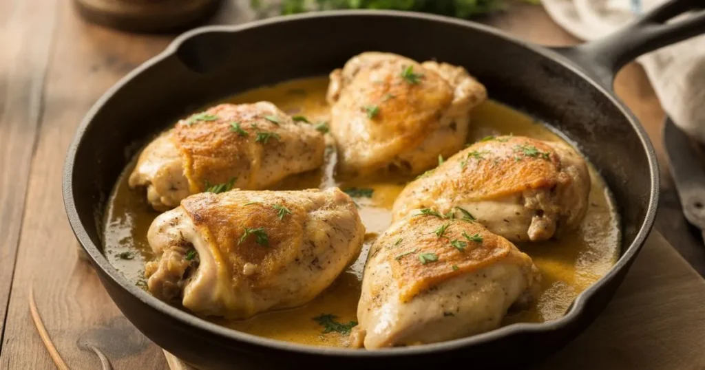 Juicy creamy oven baked chicken thighs in skillet with fresh parsley garnish