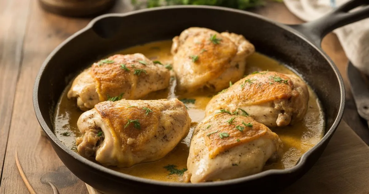 Juicy creamy oven baked chicken thighs in skillet with fresh parsley garnish