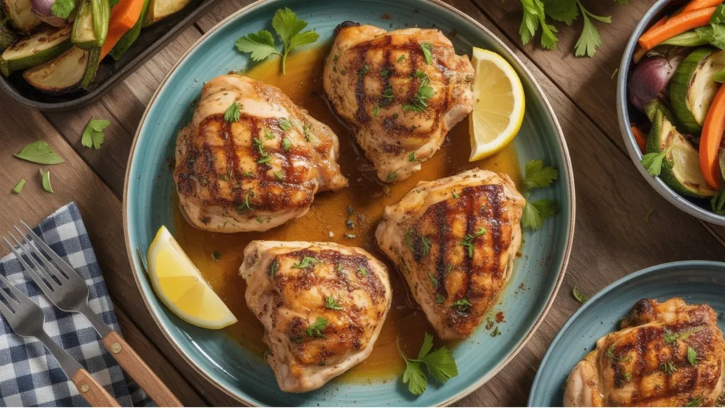 Juicy grilled chicken thighs from Bobby Flay's Chicken Thighs Recipe, charred edges and brushed with chipotle glaze.