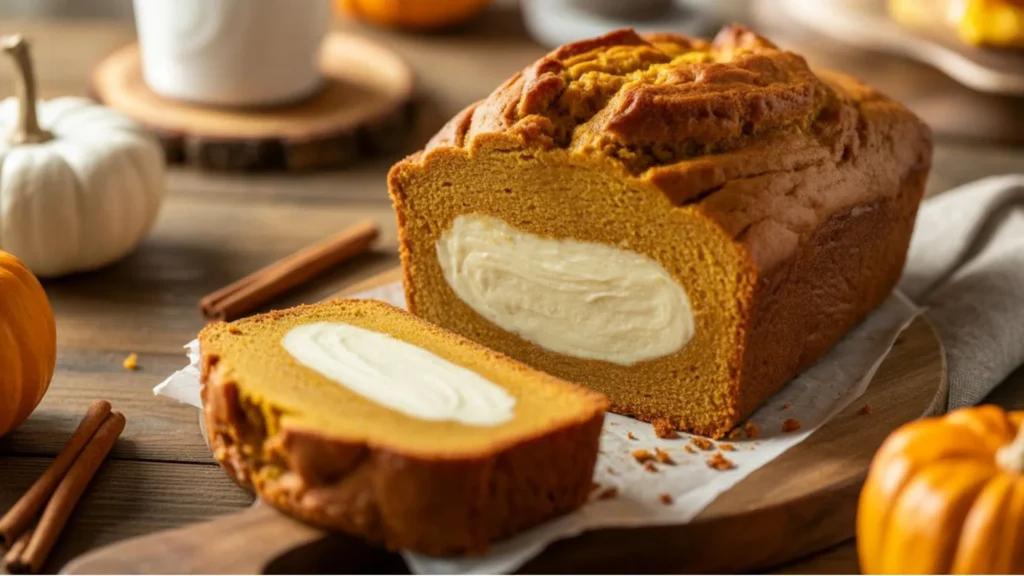 Moist pumpkin bread loaf sliced to show creamy cream cheese filling inside