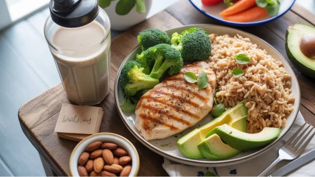 Nutrient-dense muscle-building foods like eggs, avocado, sweet potato, and lean proteins laid out for clean bulk meal plan targeting skinny guys weight gain