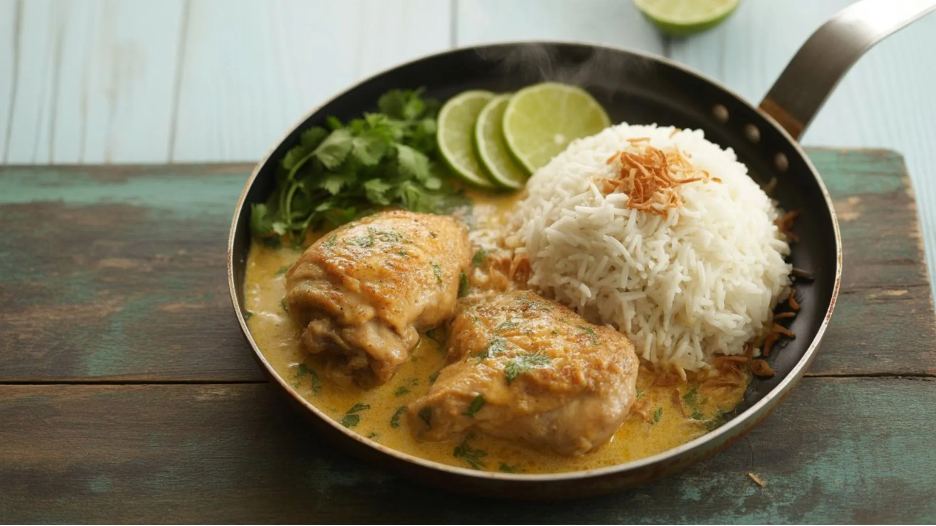 One Pan Coconut Lime Chicken served with fresh cilantro and lime wedges