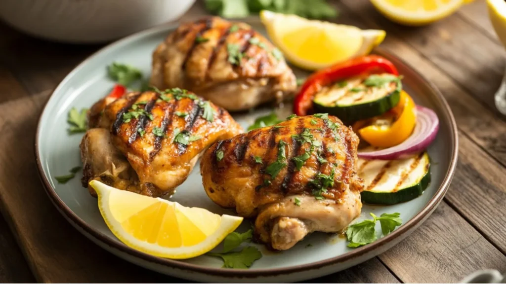 Oven-roasted Bobby Flay's Chicken Thighs Recipe, golden-brown skin on a sheet pan with roasted peppers and olives.