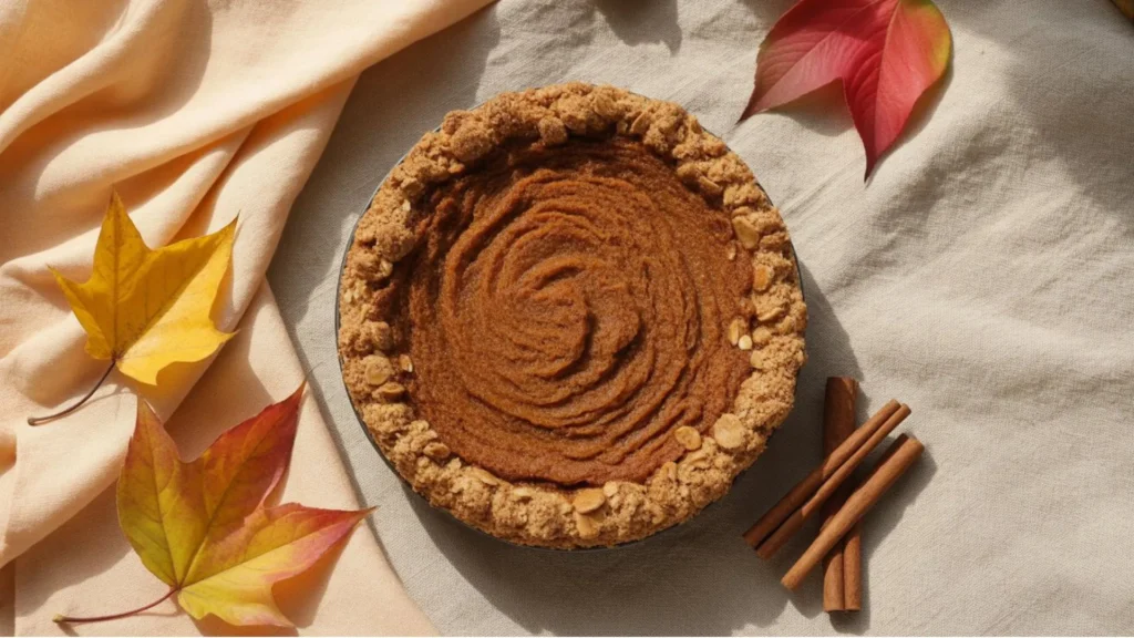 Overhead shot of a warm Pumpkin Pie Crisp with a golden oat-pecan crumble and creamy spiced pumpkin filling in a baking dish, served with a scoop of vanilla ice cream.