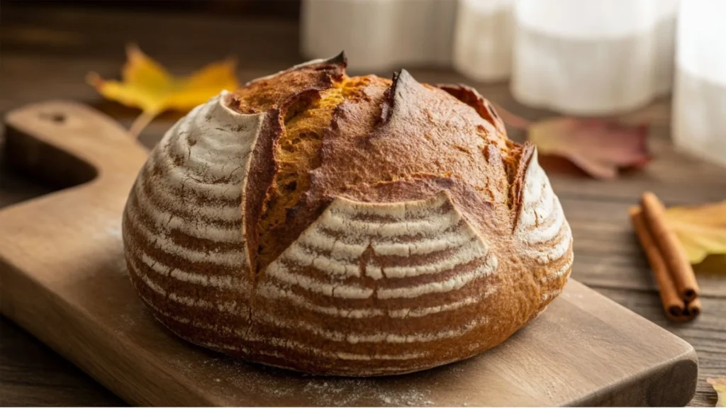 Pumpkin sourdough bread topped with seeds, styled for cozy fall baking.